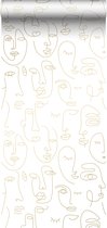 ESTAhome behangpapier line art gezichten wit en glanzend goud - 139146 - 0,53 x 10,05 m