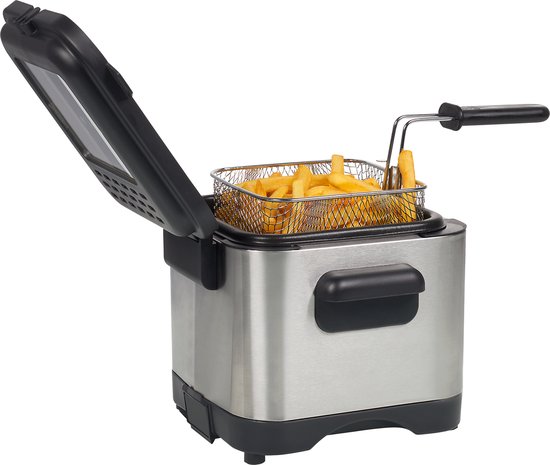Princess mini friteuse met open deksel en mand vol goudgele frietjes. Zilverkleurig met zwarte deksel en handvat.