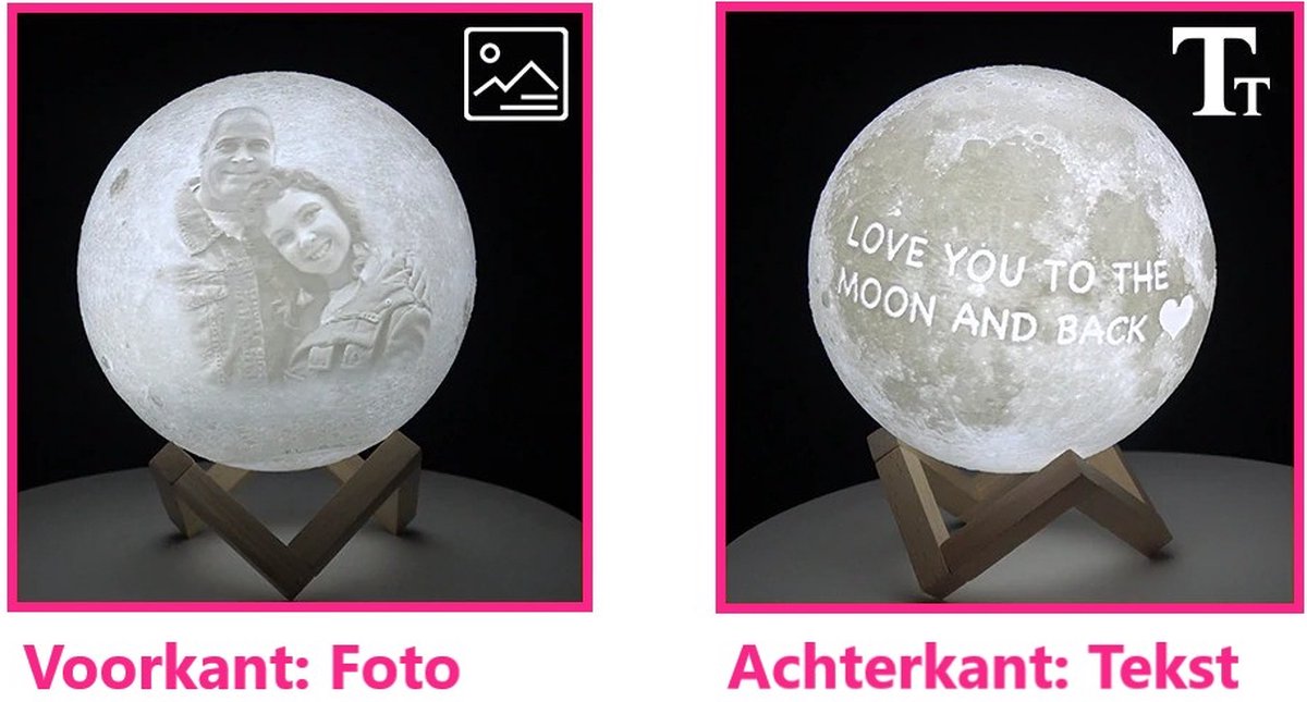 Lampe Lune Photo Propre 3D + Texte - 13cm - 2 Couleurs avec