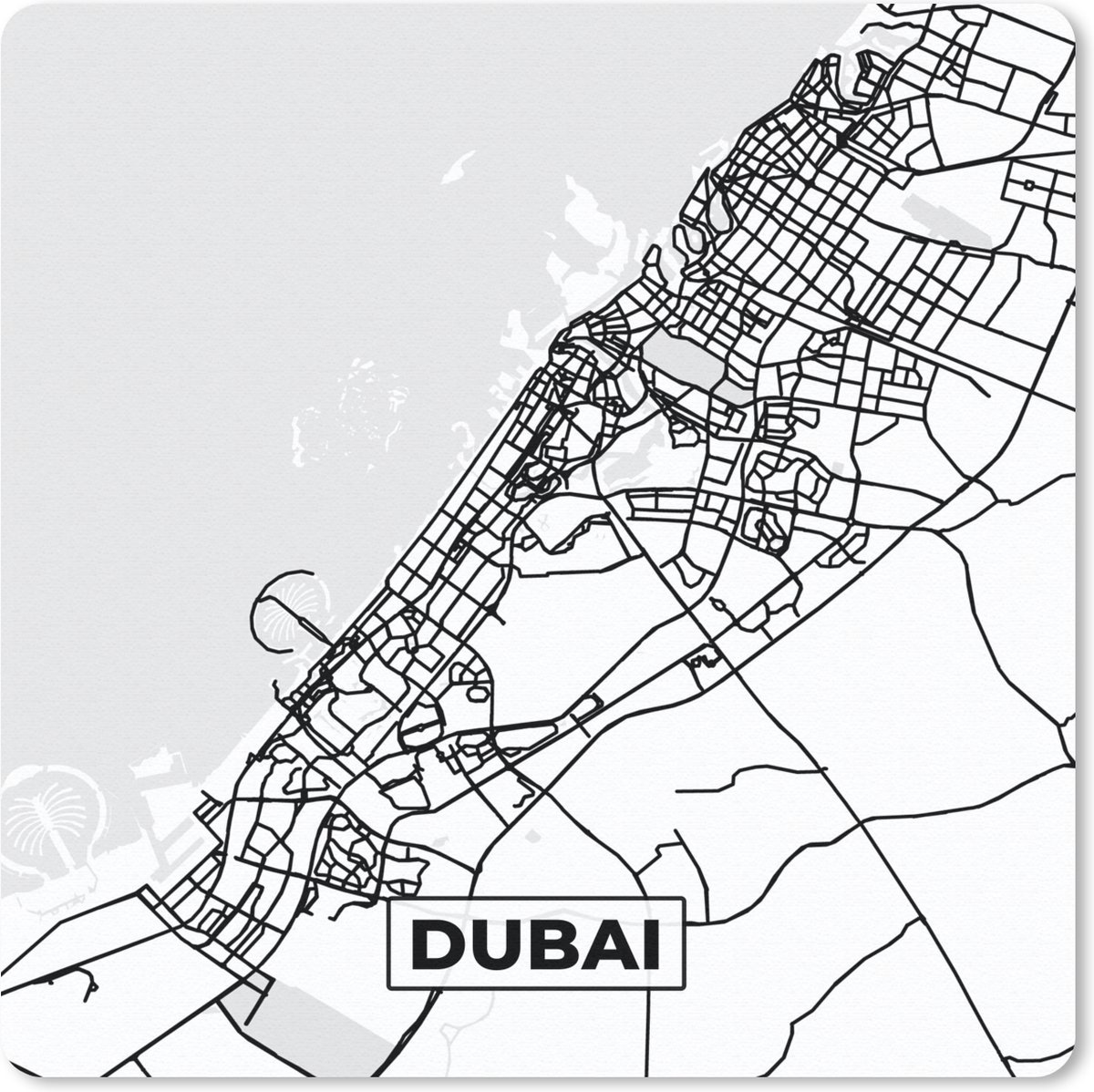 Muismat 20x20 cm - Mousepad Kaart - Dubai - Zwart Wit - Stadskaart - Plattegrond - Muismatten - Stadskaart