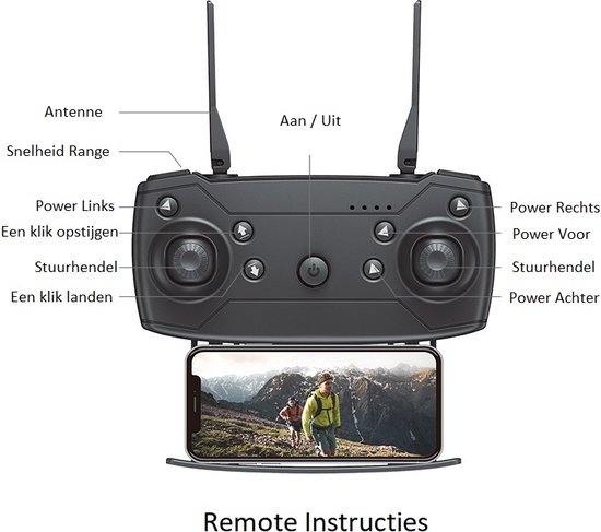 Zwarte drone controller met controller-instructies en smartphone-houder.