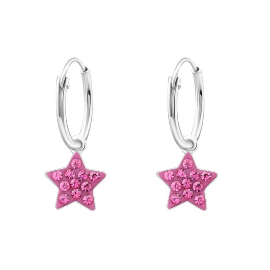 Joy|S - Zilveren ster bedel oorbellen - ster 9 mm bedel - roze kristal - oorringen 12 mm
