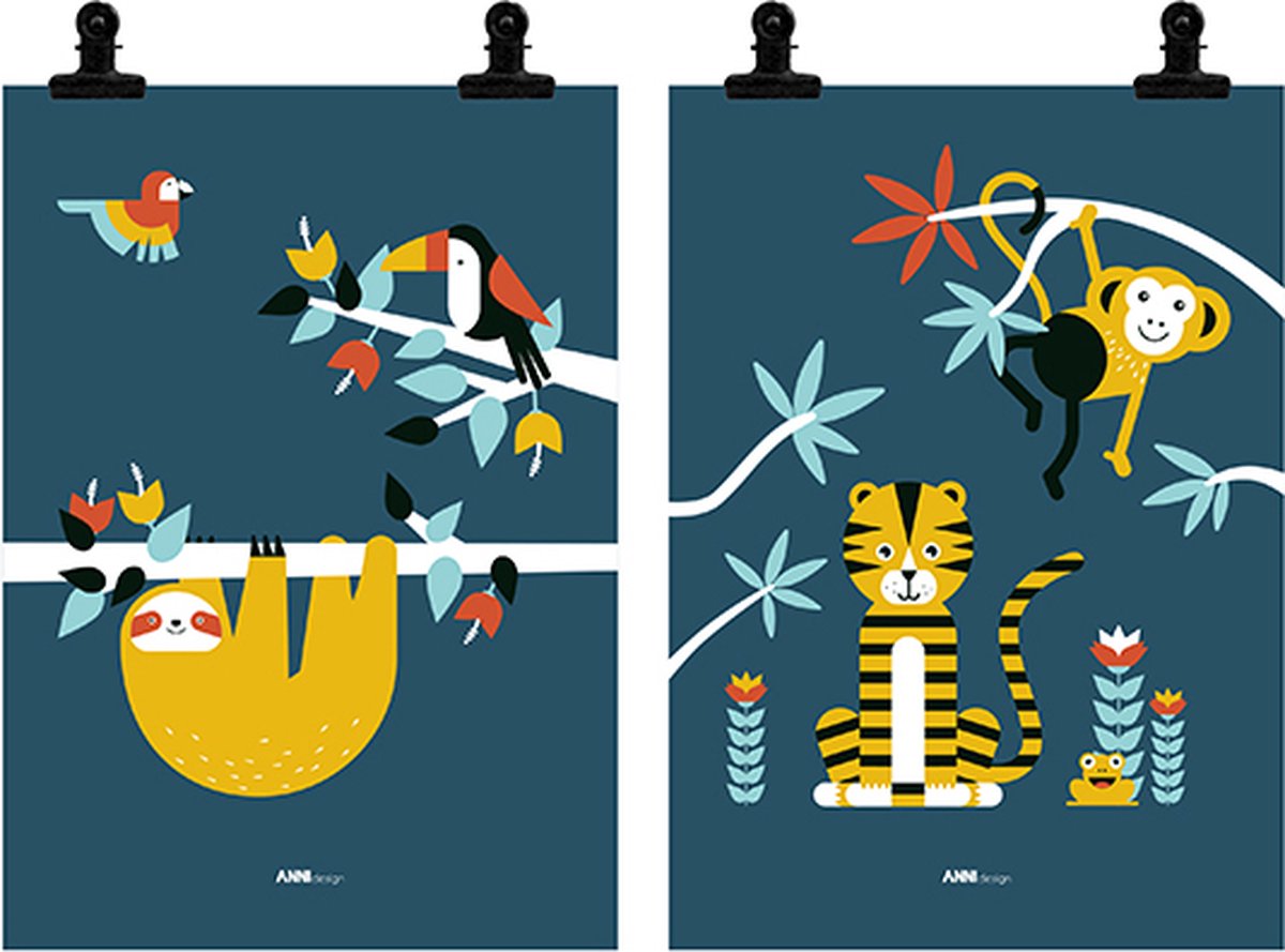 Poster set Jungle donker blauw 2x maat A4 - jungle - tijger - aap - luiaard - toekan - dieren - kinderkamer - jongenskamer - meisjeskamer - junglekamer - muurdecoratie - kinderkamerstyling – kinderkameraccessoire