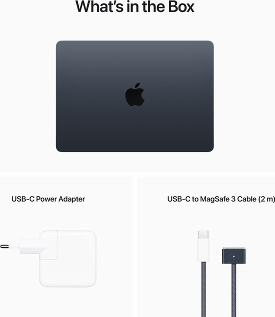 13.6" Retina, IPS, 2560 x 1664px, Apple M2 (8-core CPU, 8-core GPU, 16-core Neural Engine), 8GB, 256GB SSD, 2 x Thunderbolt/USB 4, 802.11ax Wi-Fi 6, Bluetooth 5.0, macOS