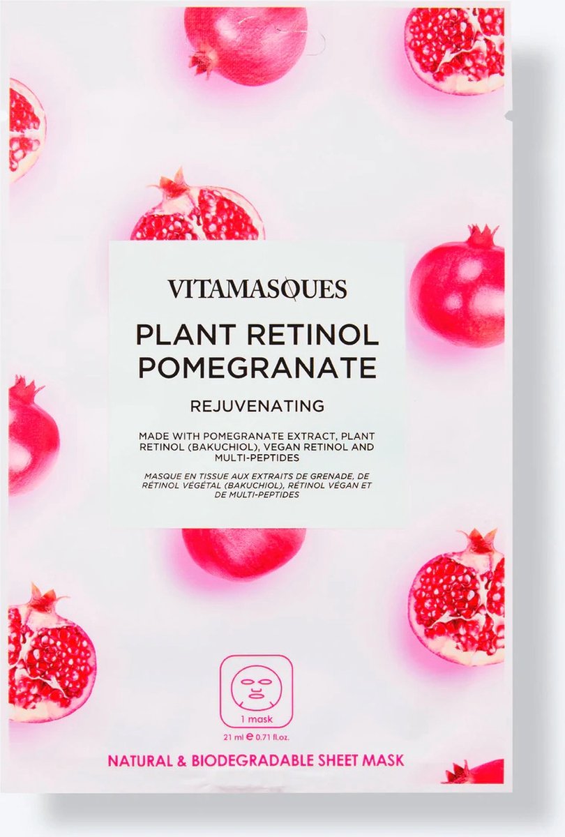 House of Mushu - gezichtsmasker - huidverzorging - Plant Retinol Pomegranate - Sheet mask - Granaatappel masker - Vitamasques