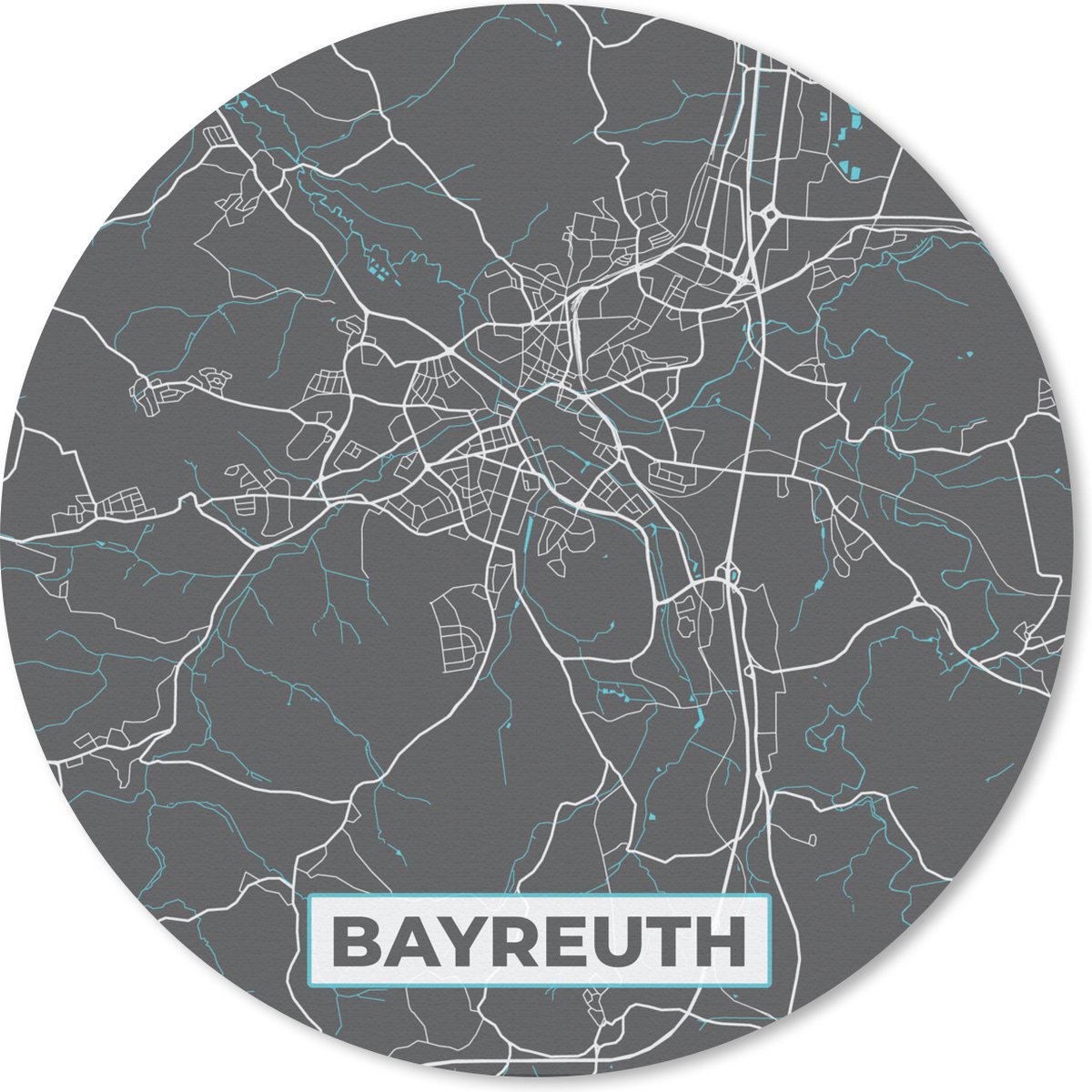 Muismat rond 50x50 cm - Mousepad Stadskaart – Plattegrond – Duitsland – Blauw – Bayreuth – Kaart - Ronde muismatten - Stadskaart