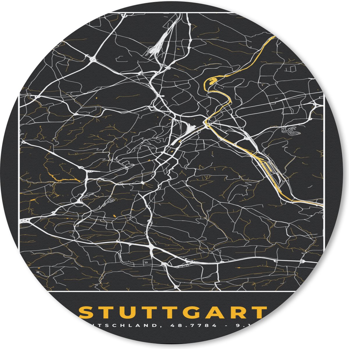 Muismat - Mousepad - Rond - Stuttgart - Goud - Plattegrond - Kaart - Stadskaart - Duitsland - 20x20 cm - Ronde muismat