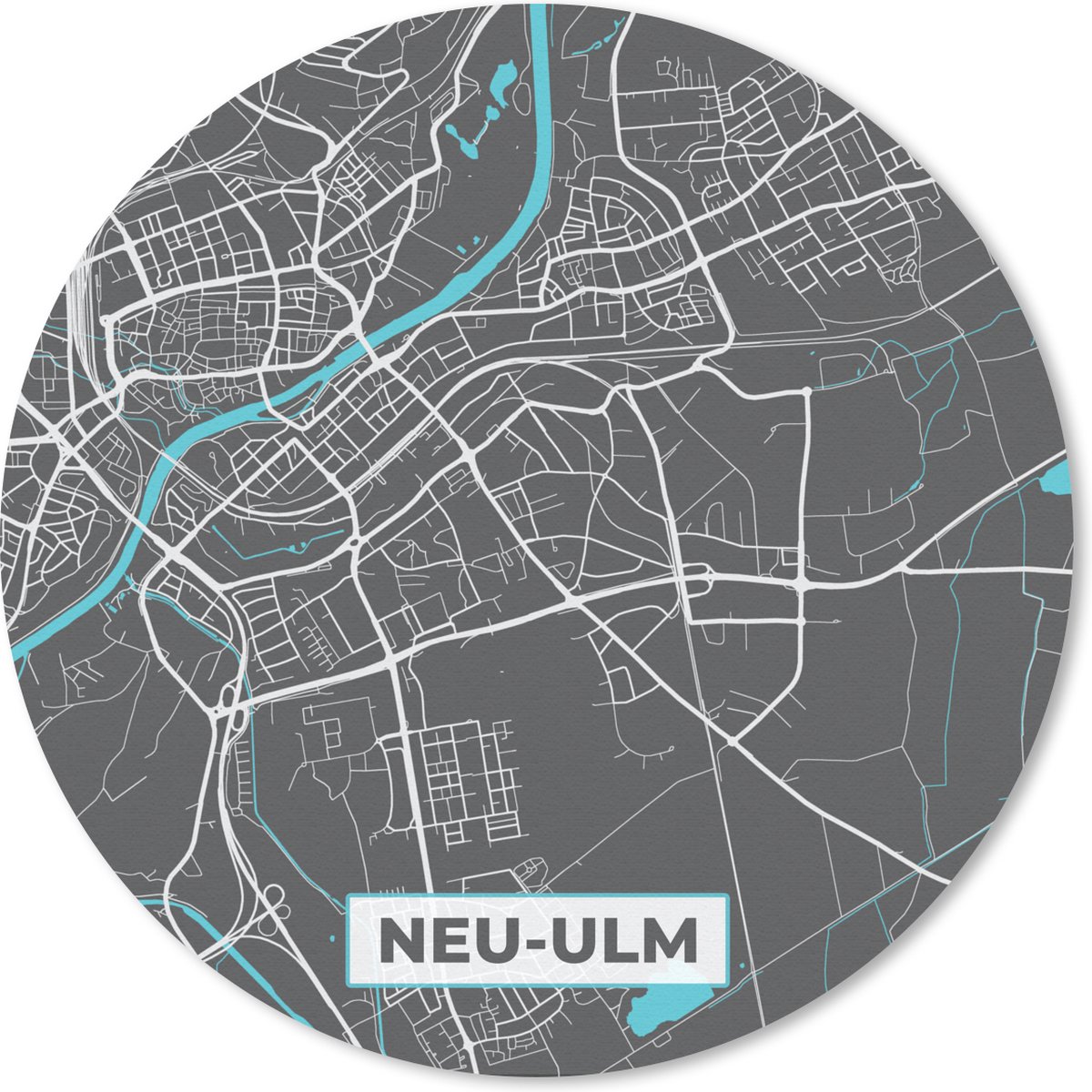 Muismat rond 40x40 cm - Mousepad Stadskaart – Plattegrond – Duitsland – Blauw – Neu Ulm – Kaart - Ronde muismatten - Stadskaart