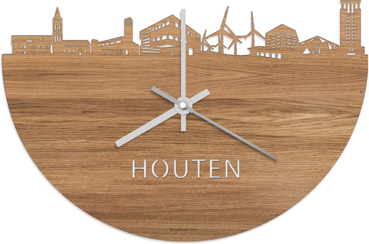 Skyline Klok Houten Eikenhout - Ø 40 cm - Stil uurwerk - Wanddecoratie - Meer steden beschikbaar - Woonkamer idee - Woondecoratie - City Art - Steden kunst - Cadeau voor hem - Cadeau voor haar - Jubileum - Trouwerij - Housewarming - WoodWideCities
