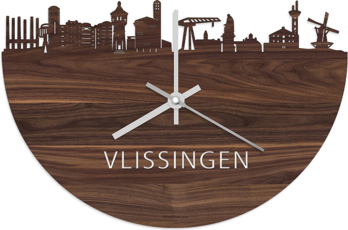 Skyline Klok Vlissingen Notenhout - Ø 40 cm - Stil uurwerk - Wanddecoratie - Meer steden beschikbaar - Woonkamer idee - Woondecoratie - City Art - Steden kunst - Cadeau voor hem - Cadeau voor haar - Jubileum - Trouwerij - Housewarming -