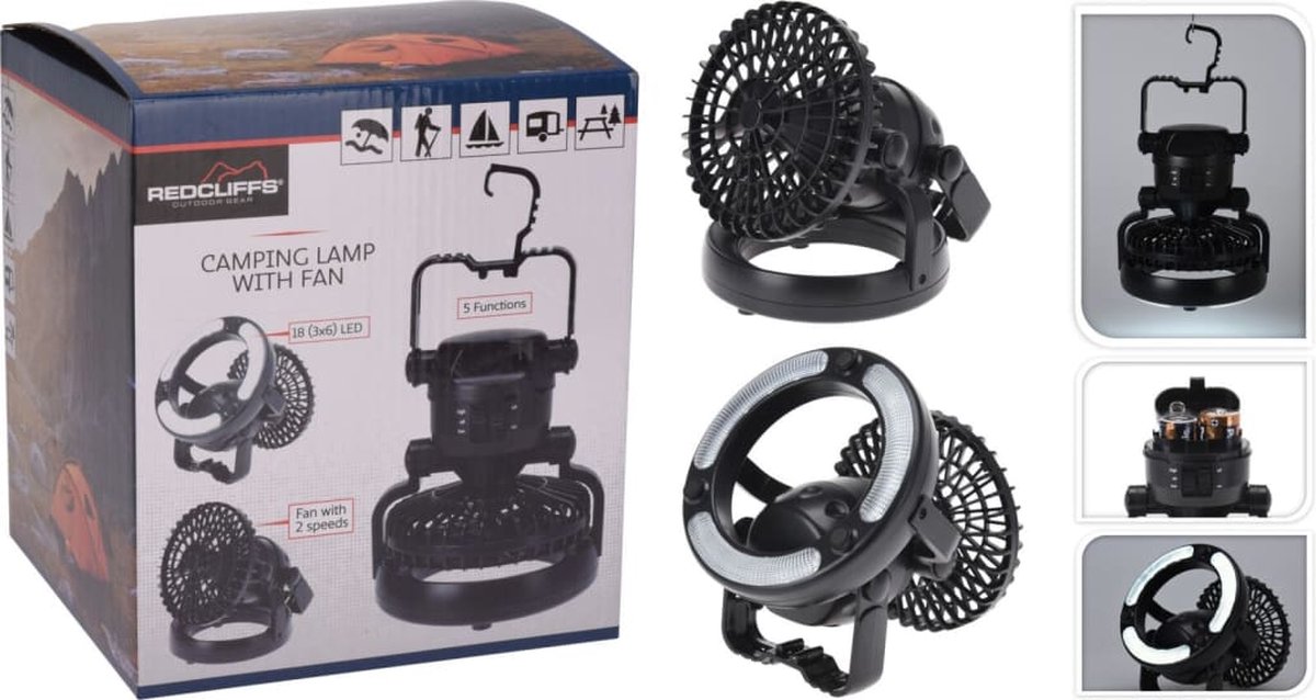 Redcliffs Campinglamp 18 LED's met ventilator zwart