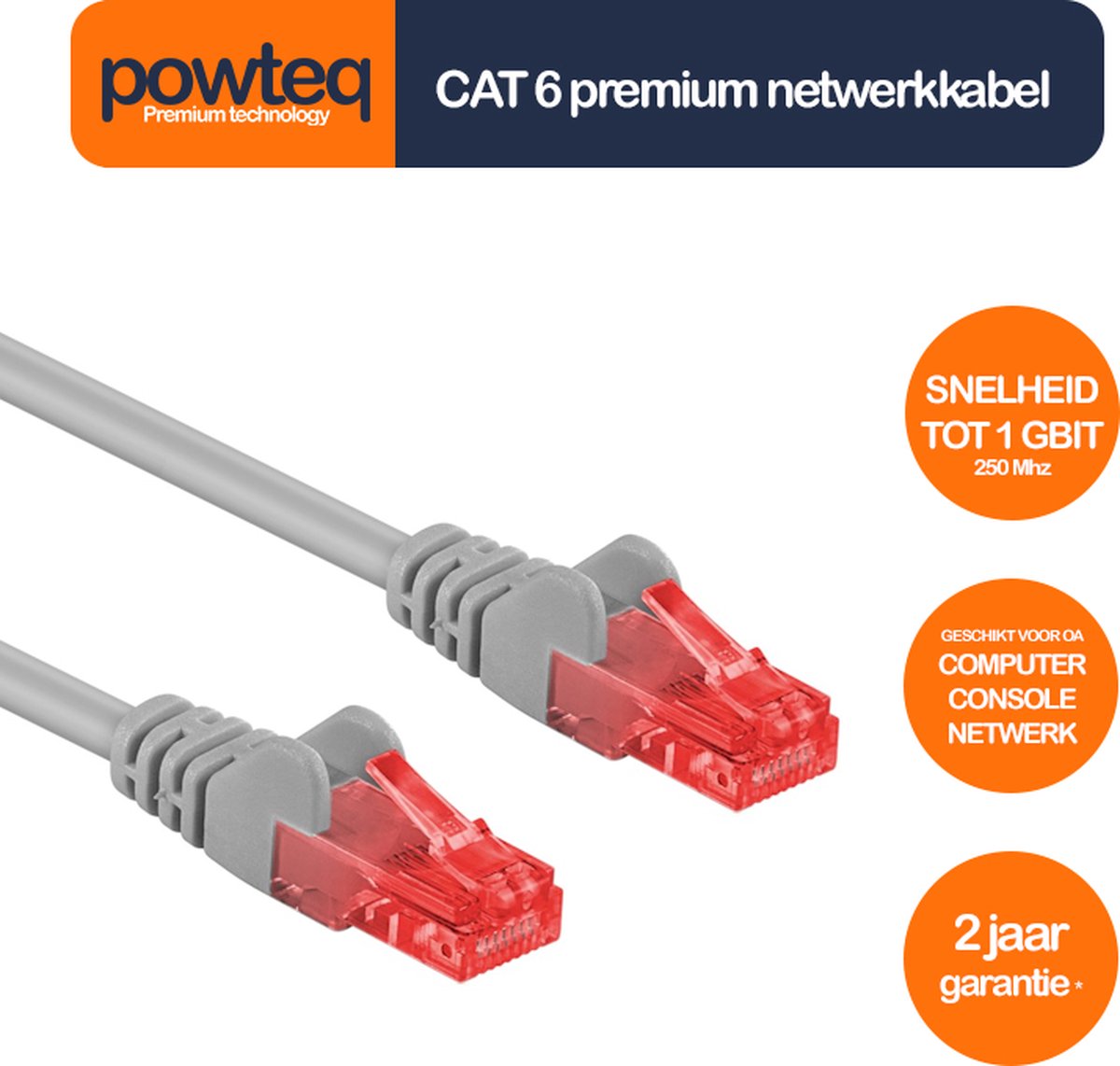 Powteq - 5 meter premium UTP patchkabel - CAT 6 - Grijs - (netwerkkabel/internetkabel)