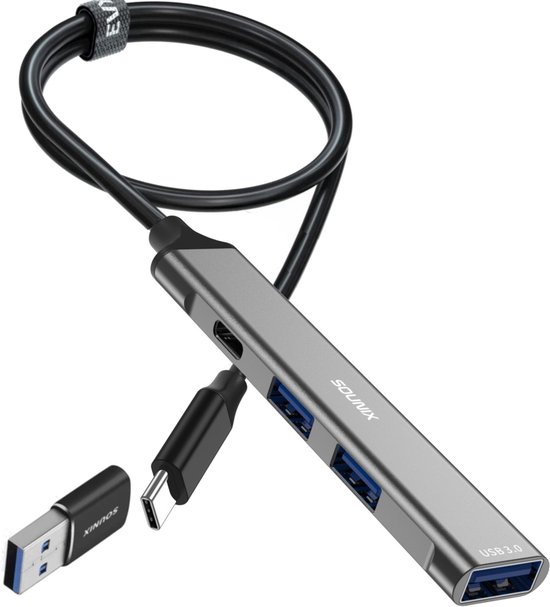 Sounix USB C Hub - 4 Poort - Kabel van 30cm - USB-C DATA - USB 3.0 - USB 3.0 Hub - Aluminium - Space Grey
