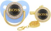 Fopspeen met clip- BOSS - 0 - 18 Maanden - Blauw / Goud - Silica gel - Luxe fopspeen met diamanten - Baby geschenk