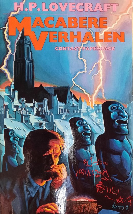 Boekcover met H.P. Lovecraft, 'Macabere Verhalen' in oranje letters, een man en griezelige beelden.