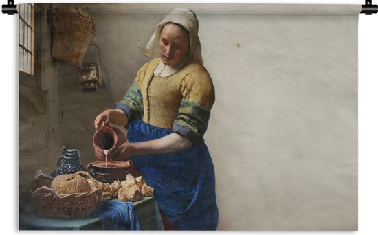 Wandkleed - Wanddoek - Het melkmeisje - Kunst - Oude meesters - Vermeer - 90x60 cm - Wandtapijt