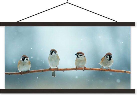 Porte-affiche avec affiche - Affiche scolaire - Vogels - Moineau - Neige - Hiver - 120x60 cm - Lattes noires