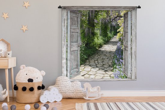 Tapisserie - Tapisserie - Vue à travers - Forêt - Pierres - Printemps - 120x120 cm - Tapisserie