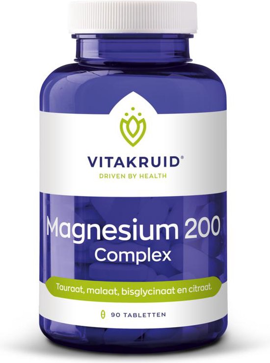 Blauwe pot met Vitakruid logo, 'Magnesium 200 Complex', en '90 tabletten'.