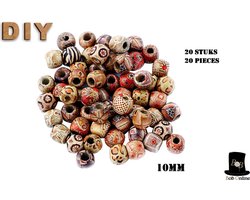 Bob Online ™ - 20 Stuks – Mixed Setje – 10mm Ronde Bedrukte Houten Kralen met ca. 2,5 mm Gaatje Diameter – 20 Pcs Round Printed Wooden Beads 10mm with threading hole diameter ± 2,5 mm – Houten Hobby Kralen – Haarkralen voor Vlechten – Hair Braiding