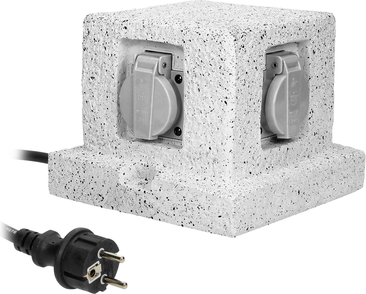 Buitenstopcontact steen look - Graniet - Decoratief imitatiesteen - 4-voudig 2P+E- IP44 Waterditch- 3 meter kabel-Frans Type -Voor België