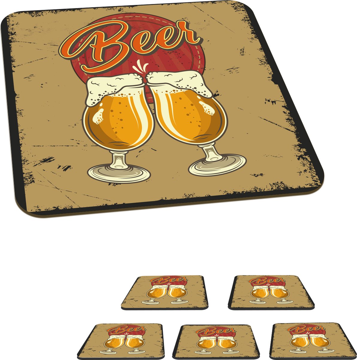 Onderzetters voor glazen - Mancave - Bier - Glas - Retro - 10x10 cm - Glasonderzetters - 6 stuks