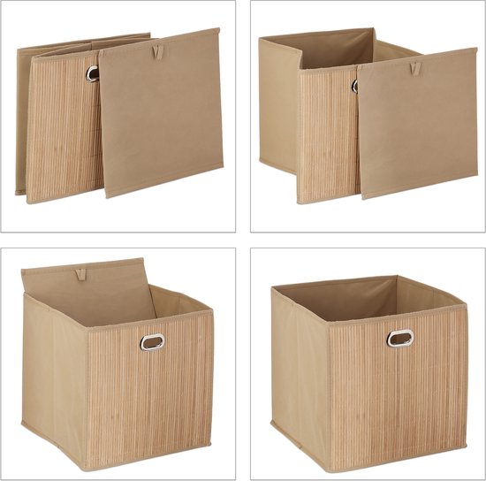 3x opbergmand bamboe, badkamer, hoog, vierkant, opvouwbaar, stoffen kast organizer, HBD: 31 x 31 x 31 cm, natuur