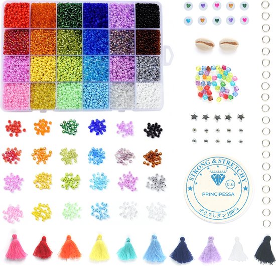 Mega Kralen box 3mm – Regenboog 24 kleuren – 3mm Rocailles - 6.500 kralen + veel extra artikelen – Zelf sieraden maken voor kinderen en volwassenen – DIY