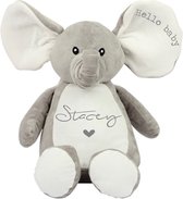 Knuffel olifant hello baby op oor-naam op buik knuffel-grijze opdruk