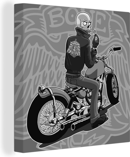Canvas Schilderij Een illustratie van een motorrijder op een rode bobber - zwart wit - 20x20 cm - Wanddecoratie