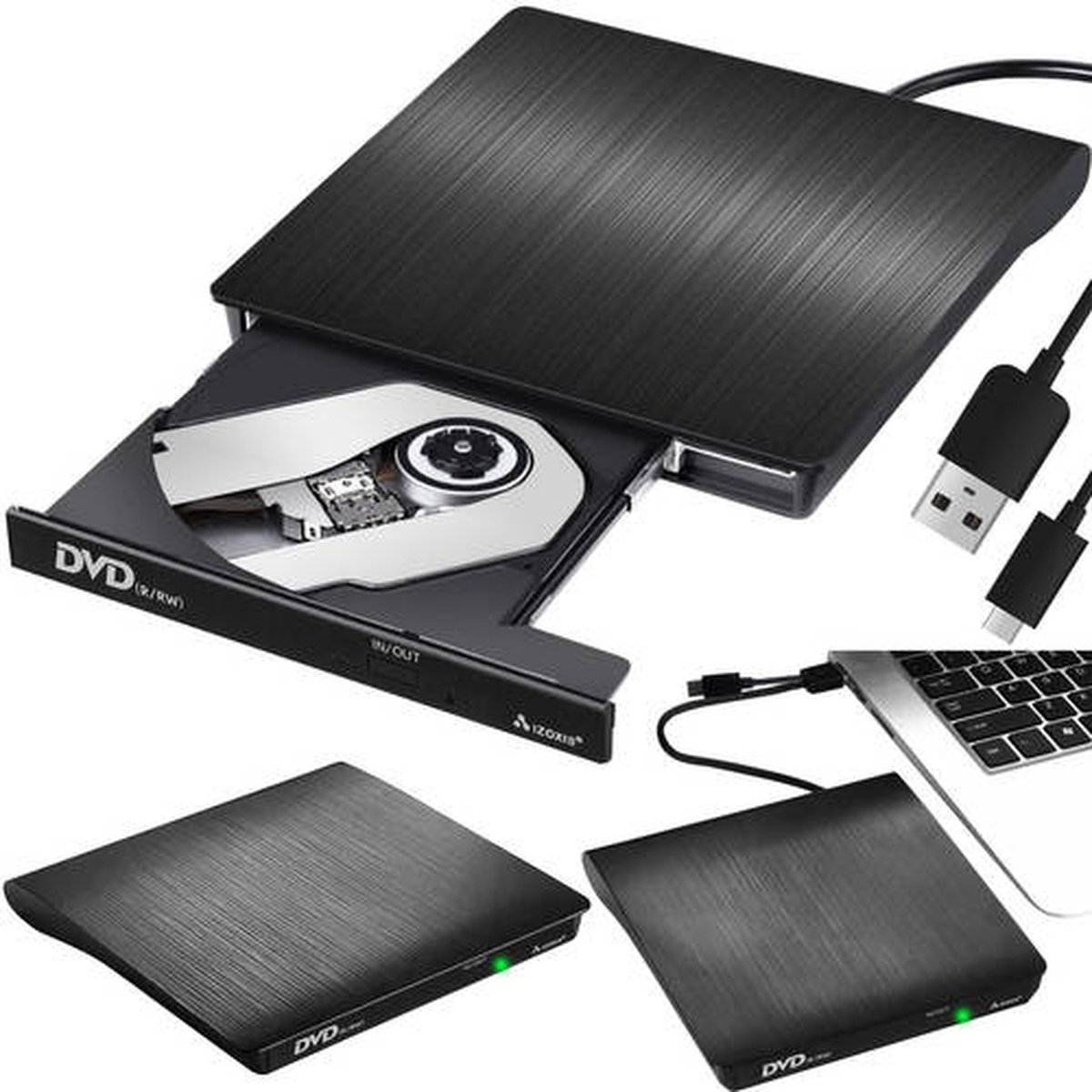 Lecteur DVD Externe, USB 3.0 CD Graveur DVD pour Ordinateurs Portables,  Type-C CD/DVD ROM +/-RW Lecteur Optique, avec 4 Ports USB et 2 Emplacements