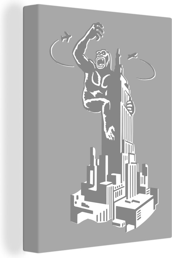 Canvas Schilderij Een illustratie van King Kong op het Empire State Building - zwart wit - 60x80 cm - Wanddecoratie