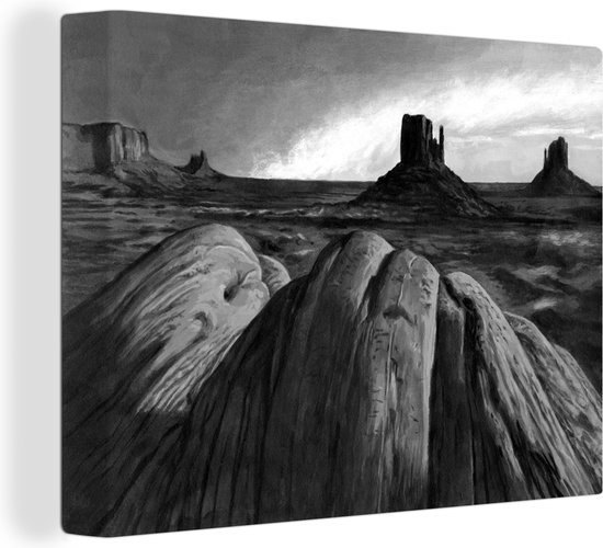 Canvas Schilderij Een illustratie van Monument Valley - zwart wit - 80x60 cm - Wanddecoratie