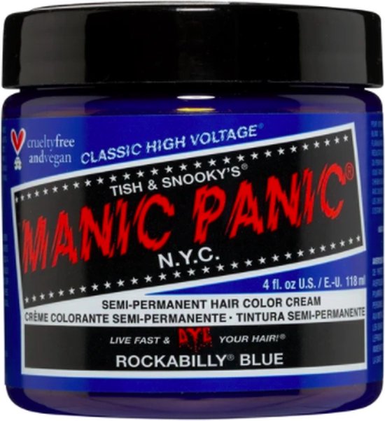 Pot Manic Panic "Rockabilly Blue" haarverf, met veganistische en cruelty-free claims.