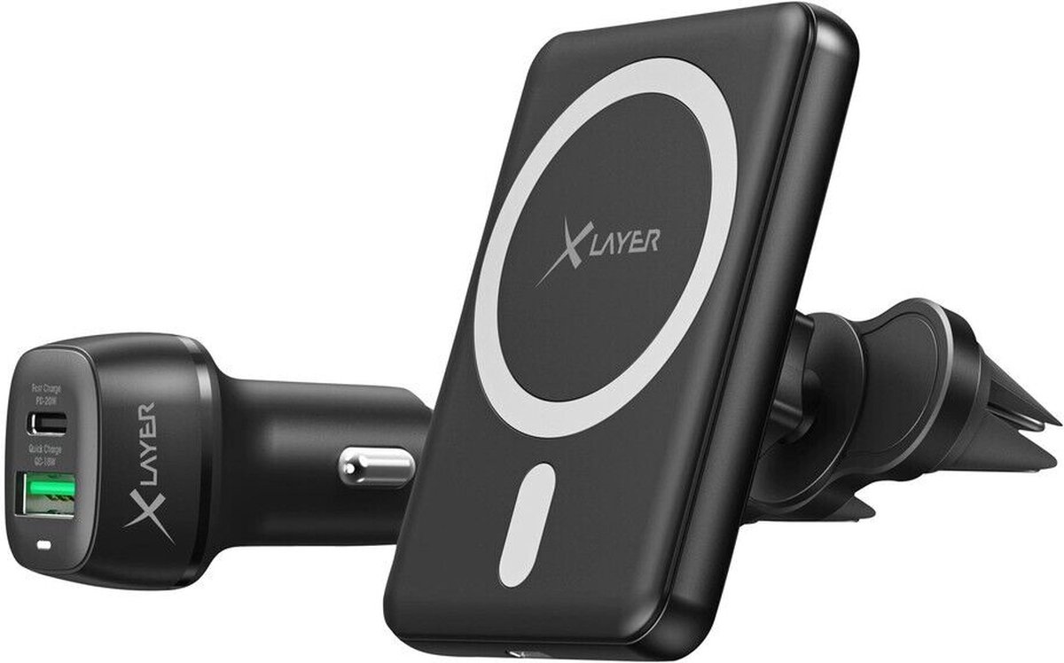 XLayer Draadloze autohouder en oplaad starterset - Magnetische autohouder voor ventilatierooster - Inclusief autolader 1 x USB-C PD 20W, 1 x USB QuickCharge 3.0 18W - Wireless magnetic car charger set - zwart