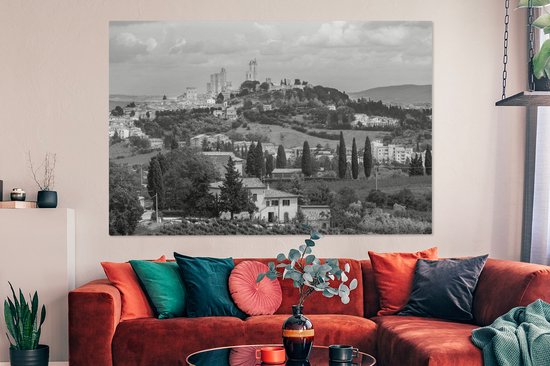 Peinture sur toile 150x100 cm - Décoration murale Les collines de San Gimignano en Toscane - noir et blanc - Décoration murale salon - Décoration chambre - Accessoires chambre - Peintures