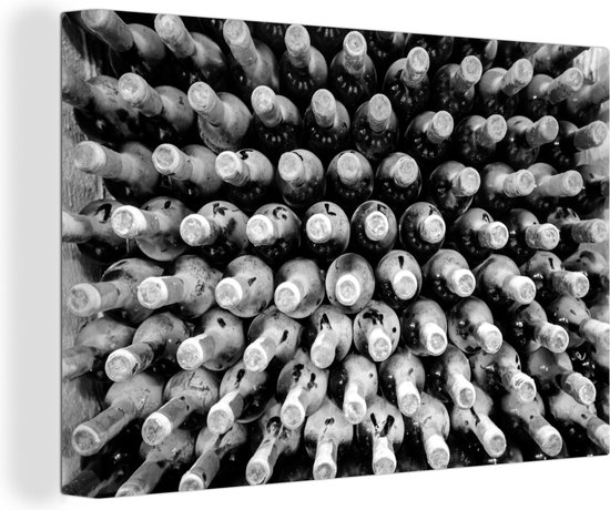 Canvas Schilderij Oude wijnflessen met kurken - zwart wit - 30x20 cm - Wanddecoratie