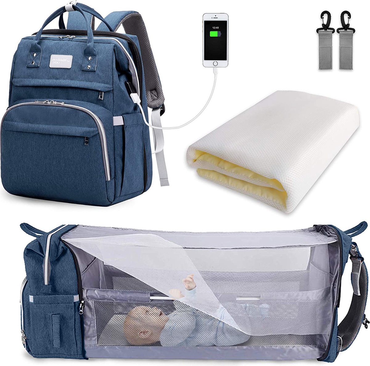 NEVEQ Baby luiertas voor het wisselen van rugzak, multifunctionele reisluiertas met USB, grote capaciteit met meerdere functies, zwart