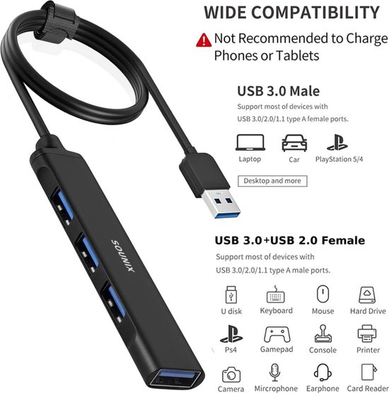 Sounix Hub USB 3.0 - Répartiteur USB - 4 Ports - Hub USB Avec Adaptateur USB  3.0 vers