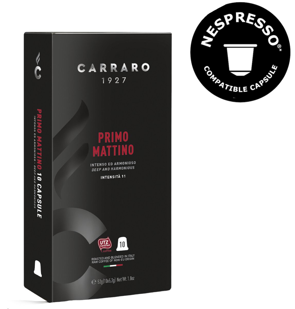 Caffe Carraro - Primo Mattino Blend - 120x Koffiecups (Nespresso® Compatibel) - Ristretto en Espresso - Intensiteit 11/14
