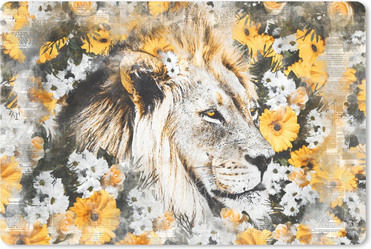 Muismat XXL - Bureau onderlegger - Bureau mat - Leeuw - Bloemen - Zwart - Wit - 120x80 cm - XXL muismat