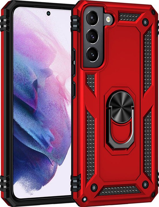 Samsung Galaxy S21 FE Rood Shockproof Militairy Hybrid Armour Case Hoesje Met Kickstand Ring - Extreem Stevige Anti-Shock Hard Rugged Cover Bumper Hoes  - Stevige Shock Proof Backcover