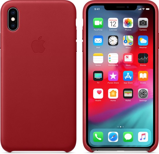 Rode iPhone Xs Max Apple leren hoesje, voor- en achterkant.