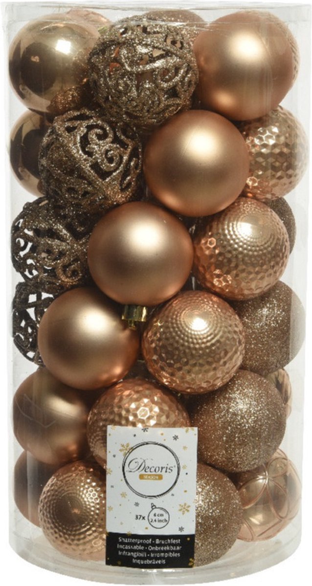 Set van 37 toffee bruine kunststof kerstballen van 6 cm, merk Decoris.