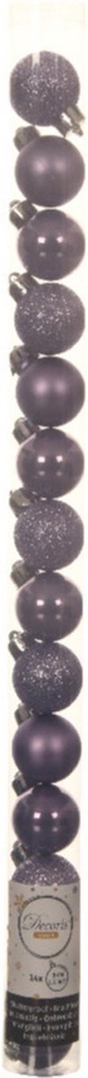 Decoris Mini kerstballen - 14x st - lila paars - D3 cm - kunststof - kerstversiering