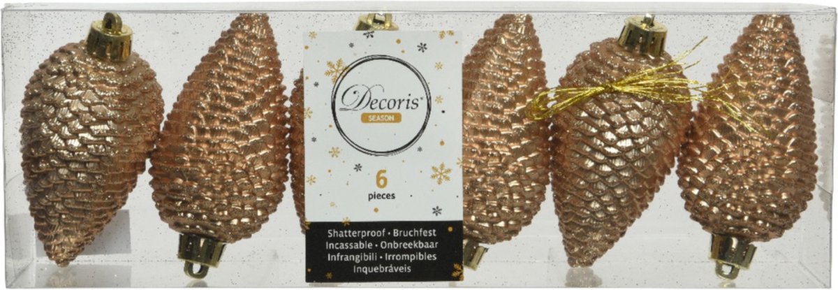 Decoris Kersthangers dennenappels - 6x - toffee bruin - glitter - 8 cm - kunststof - kerstversiering Lichtbruin