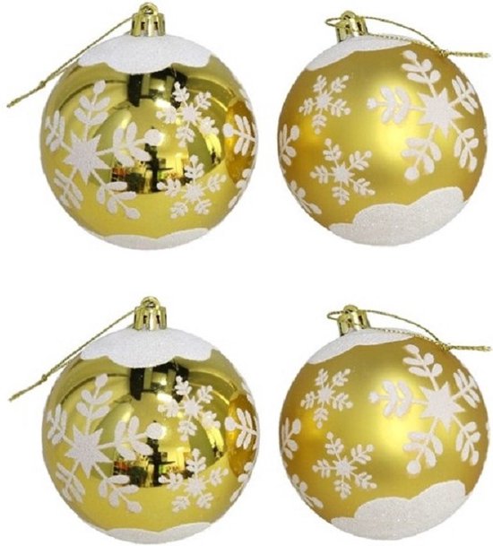 4x stuks gedecoreerde kerstballen goud kunststof diameter 8 cm - Kerstboom versiering