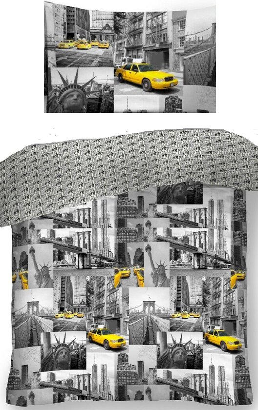 New York / Brooklyn Bridge / Vrijheidsbeeld dekbed - grijstinten met geel - eenpersoons dekbedovertrek met 1 kussensloop
