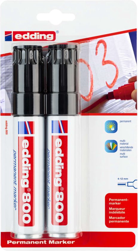 Twee zwarte Edding 800 permanente markers met beitelpunt in blisterverpakking.