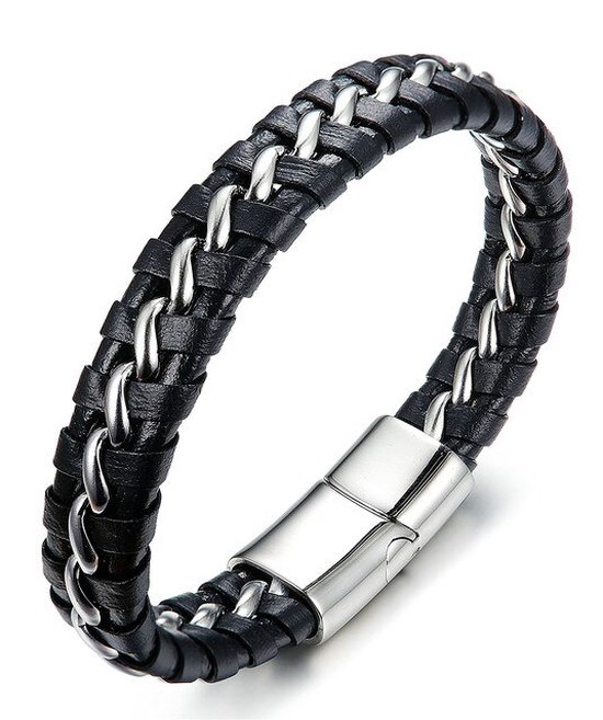 Malinsi Armband heren - Zilver - Gevlochten RVS Leer - Armbandje Mannen 21 cm - Cadeau voor Man - Vaderdag Armbandjes - Geschenk - Verjaardag
